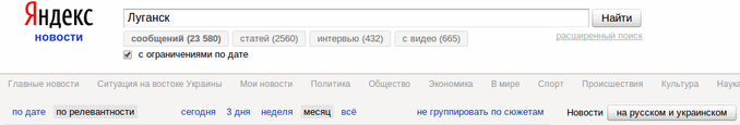 Число упоминаний Луганска в Яндекс.Новости